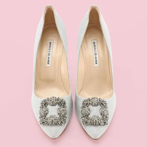 Manolo Blahnik Hangisi Silver Shimmery Embellished Pumps - Picture 2 of 8